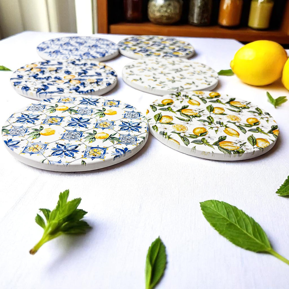 absorbent ceramic coasters Mediterranean lemon pattern blue white luxury drink protection cork backing